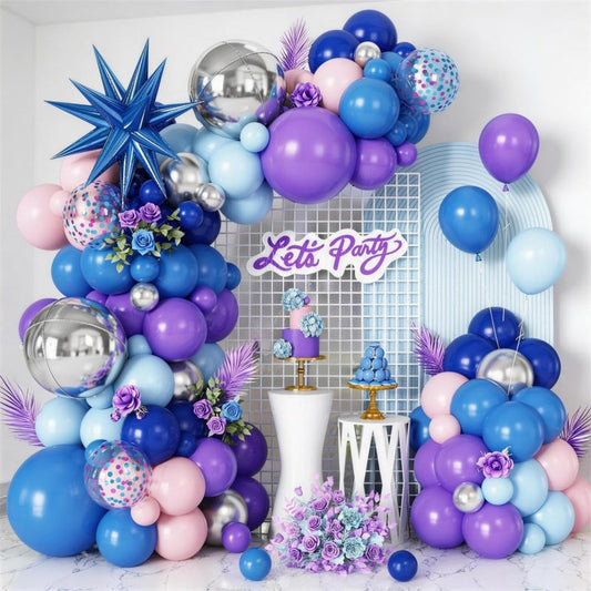 Blue Purple Silver Balloon Arch Garland Kit with Blue Star Foil Balloons Silver 4D Round Balloons for Hawaii Theme Baby Shower Birthday Party Decorations