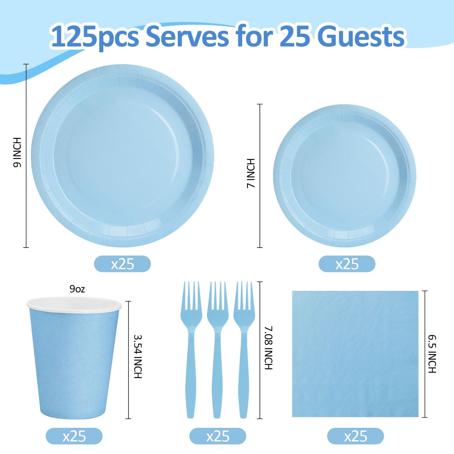 CENLBJ Light Blue Paper Plates and Napkins Party Supplies, Include 9’’Disposable Blue Plate, 7’’Dessert Plates Cups Napkins Forks for Baby Shower, Wedding, Birthday Decorations, Serves 25