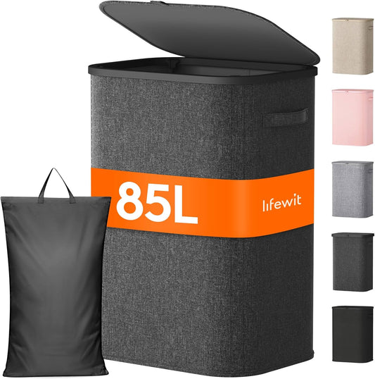Lifewit 85L Large Laundry Basket - Foldable Hamper with Lid & Removable Bag | Dark Gray