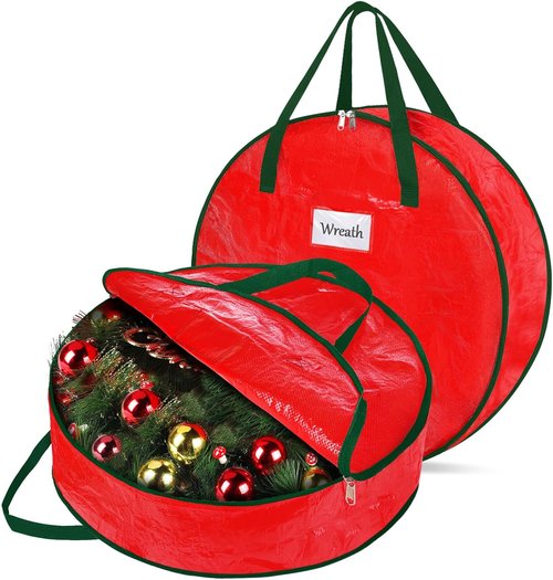 DeckTheHalls Christmas Wreath Storage Container - 2-Pack Waterproof with Secure Zipper & Carry Handles | 30 Inch Year-Round Protection for Holiday Decor