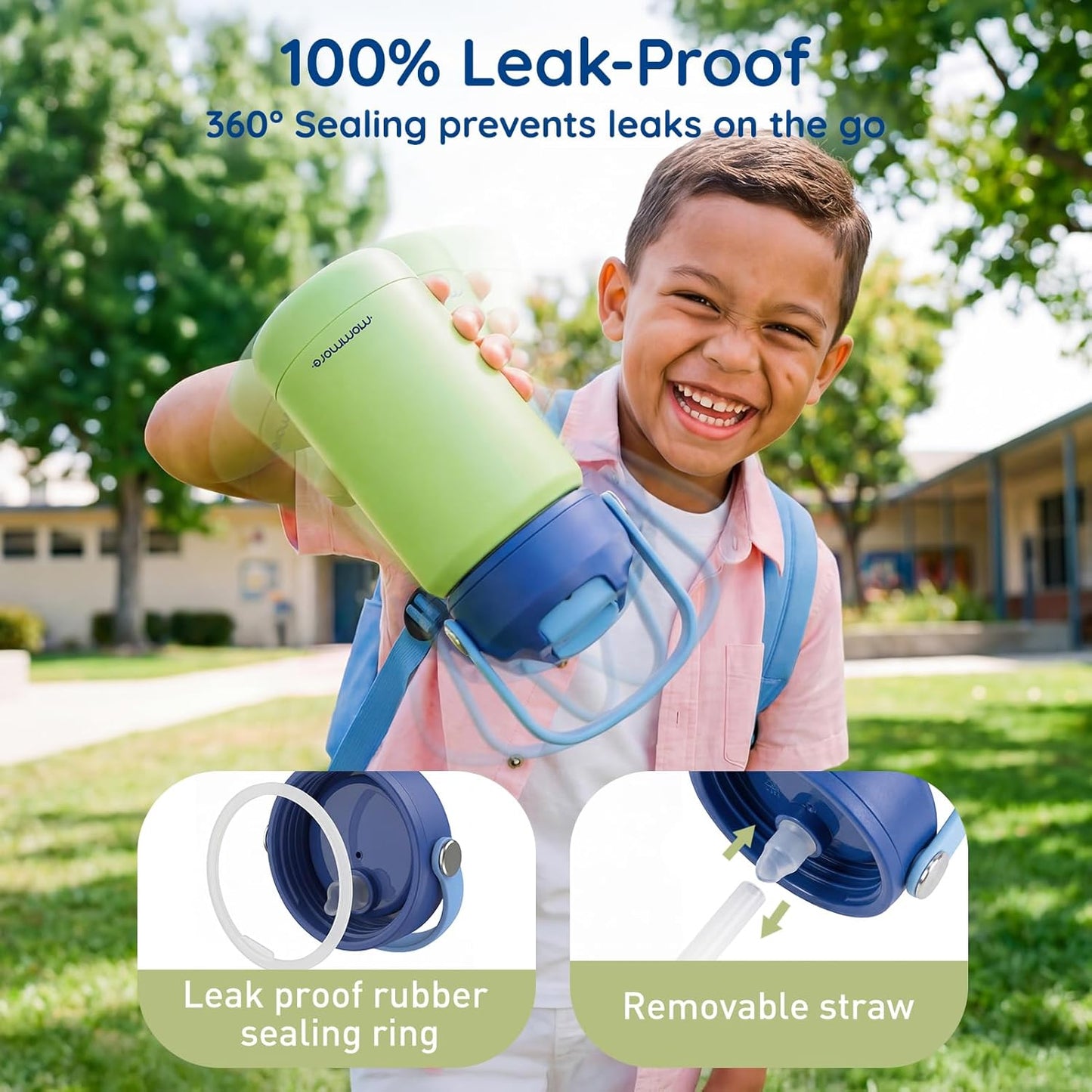 Mommore Kids Water Bottle - 12 oz Insulated Stainless Steel, Leakproof & BPA-Free, Green