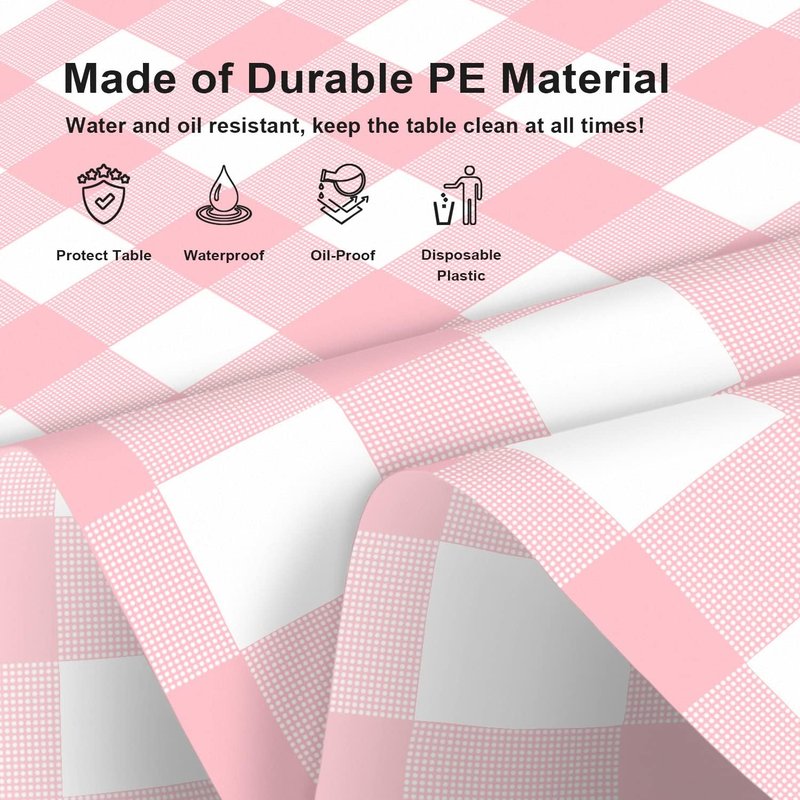 LIKAJON 2 Pack Pink and White Checkered Tablecloth, Pink Plastic Table Cloths for Parties Disposable, 54x108 in Waterproof Rectangular Pink Gingham Camping Tablecloth for Birthday, Party, Baby Shower