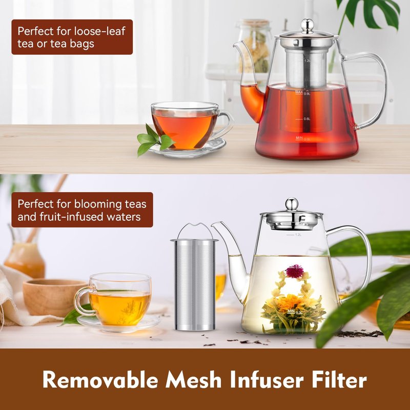 Zpose Glass Teapot, 1200ml (40oz) Tea Pot with Infuser for Loose Tea and Blooming Tea, Stovetop Safe Tea Kettle, Hand Crafted Borosilicate Glass Tea Maker with Scale Line, Tea Gift Set for Tea Lovers