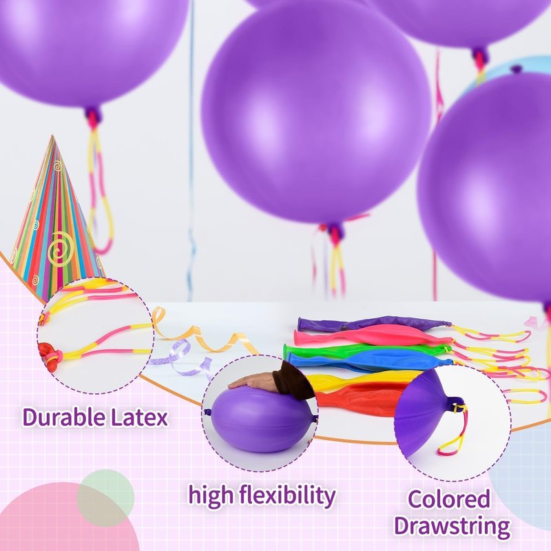 12 Pcs Purple Punch Balloons | with Rubber Band Handle for Easy Grip - Ideal for Kids’ Birthday Party Favors, Classroom & Outdoor Play(Purple)