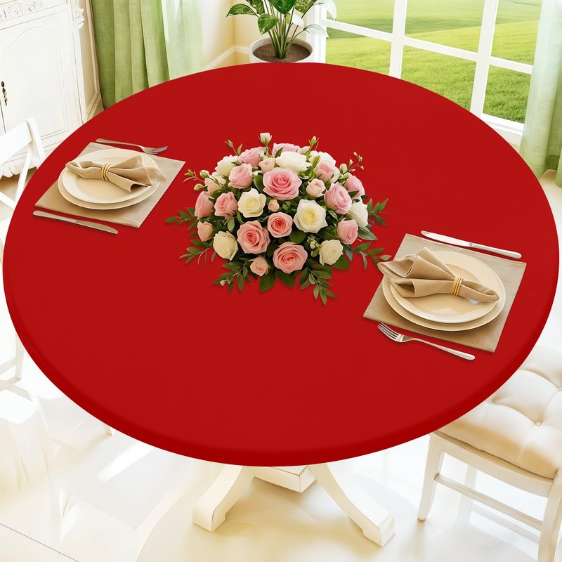 Moosfor Round Spandex Tablecloth, Elastic Fitted Waterproof Tablecloths for 31"-35" Tables, Stretch Washable Picnic Table Cover for Camping, Dining, Indoor and Outdoor, Red