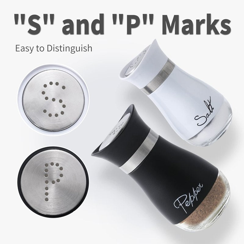 Lonffery Salt and Pepper Shakers Set - Salt Containers for Gifts, Kitchen Decor, Home, RV, Camp, BBQ, 4 oz Farmhouse Spice Dispenser with Glass Bottom, Black and White, Set of 2