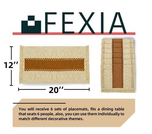 FEXIA Boho Placemats Set of 6, Macrame Table Decor and Farmhouse Style Placemats Natural Cotton Burlap, for Dining Table, Caramel