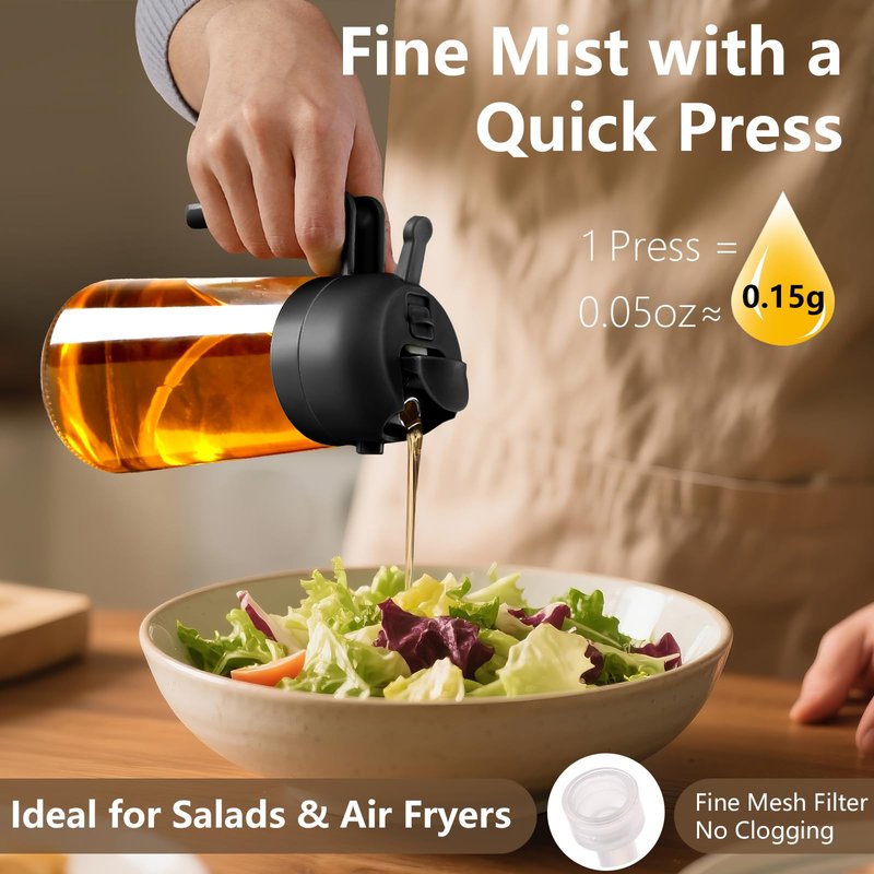 SWEET VIEW Olive Oil Sprayer for Cooking, 16oz/470ml Glass Oil Dispenser/Pour Bottle, Kitchen Accessories, Kitchen Gadgets for Air Fryer, Salad, BBQ, with Stickers (Black)