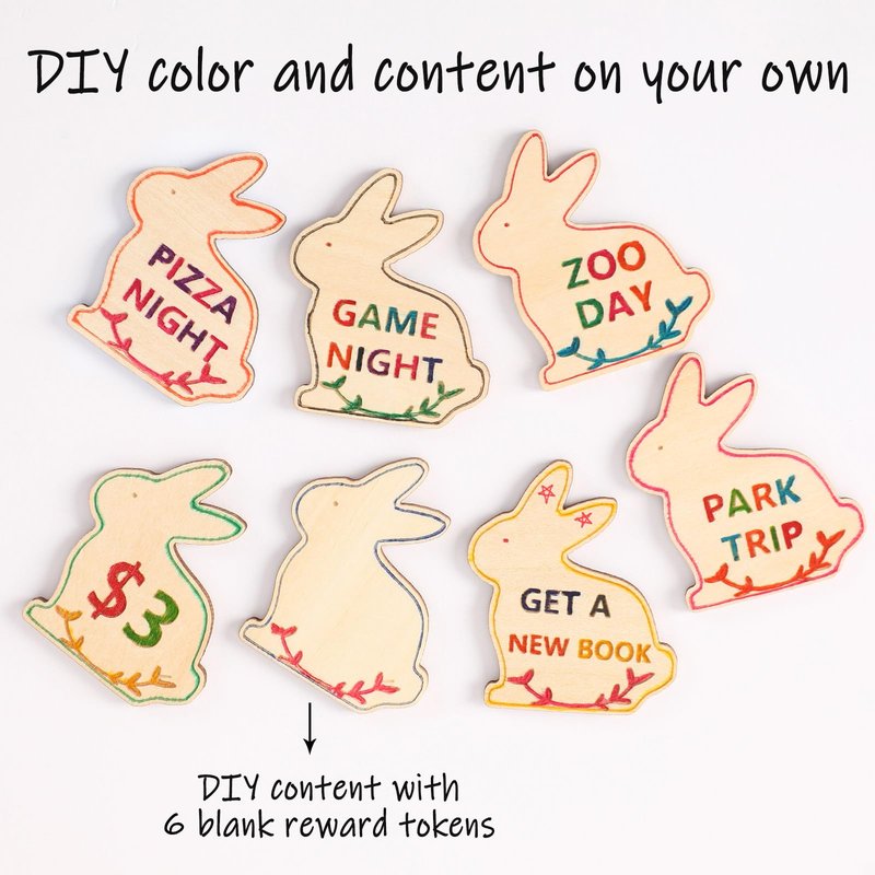 CypherX Easter Egg Fillers- Wood Easter Reward Tokens, Easter Prizes Stuffers Coins, Family Night Tokens, 24 Redeemable Tokens+6 Blank DIY Tokens, Unique Family Easter Egg Hunt Activities- Bunny