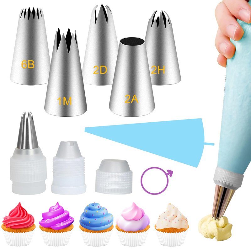 Large Piping Tips Set, Piping Bags and Tips Set 5 PCS Stainless Steel Frosting Tips for DIY Pastry Dough, Cookie, Cupcake, Cake (1M 2D 2F 6B 2A)