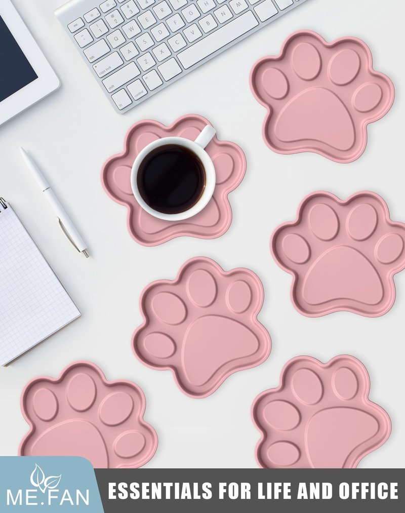 ME.FAN Silicone Coasters 6 Pack Paw Cup Mat with Holder, Dog Cat Paw Shape, for Hot or Cold Drink, Non-Slip, Non-Stick, Room Decor, Housewarming Dusty Rose