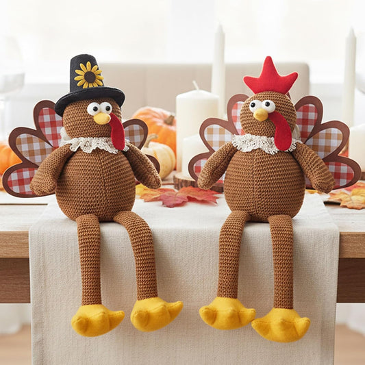Skiennix Christmas Decorations - Set of 2 Turkey Plush Dolls with Dangling Legs | Fall Harvest Home Decor (Brown)