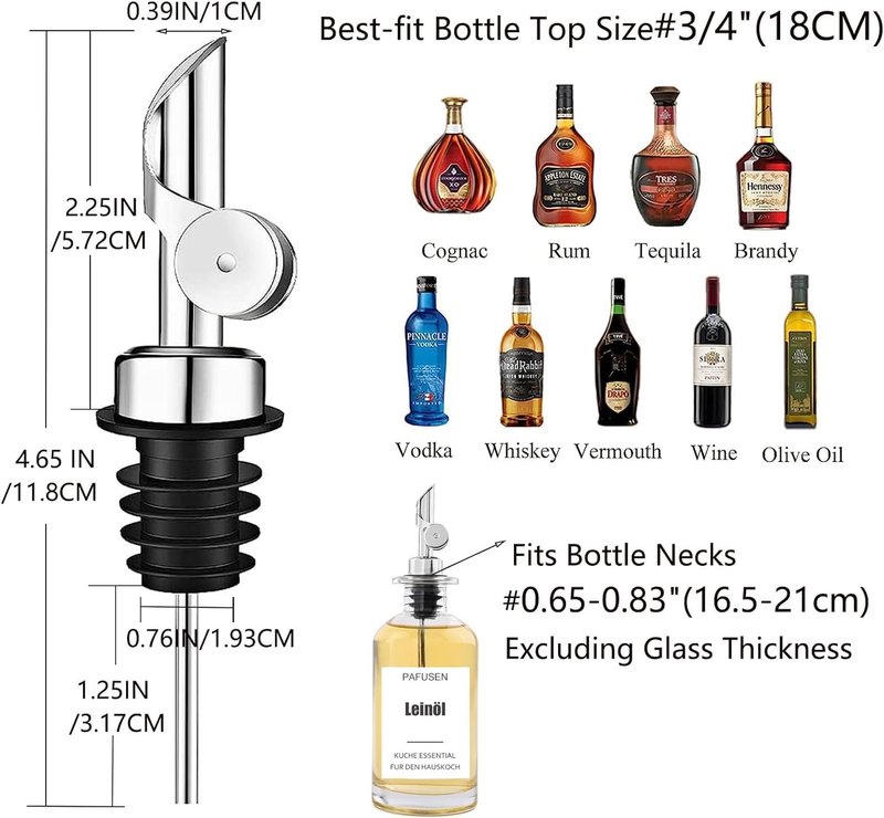 Pafusen 6 Pack Auto Flip Olive Oil Dispenser, Liquor Pour Spout, Oil Dispenser for Kitchen, Easily Turn Your Bottles into Dispensers for Liquor, Vinegar, Coffee Syrup or Oils, Weighted Pourer, Silvers