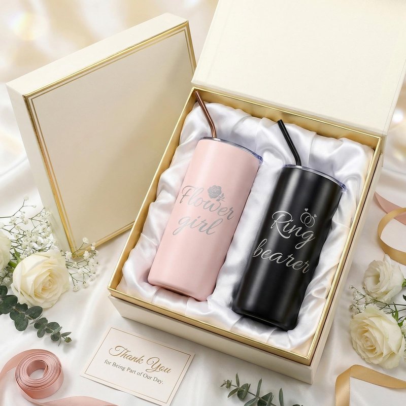 UzYlquw 2 Pcs Flower Girl Gift and Ring Bearer Tumbler Set, 16 oz Stainless Steel Insulated Water Bottle with Lids and Straws, Wedding Proposal Gifts for Bridal Party Favors