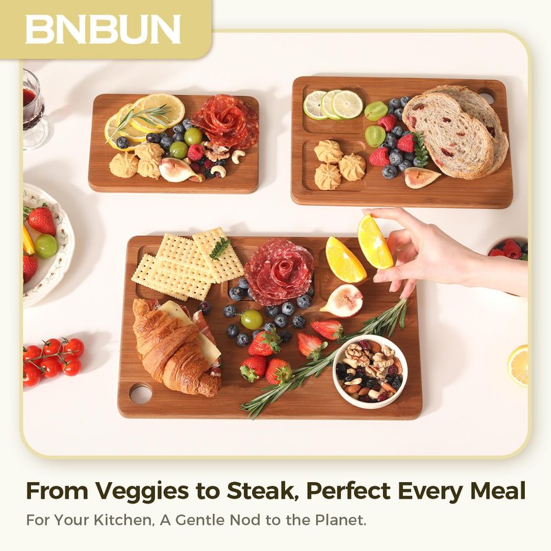 Bamboo Cutting Board for Kitchen – 3-Piece Wooden Boards with Juice Grooves, Side Handles, Non-Slip Mats – Perfect for Meat, Veggies, Fruit – Ideal Kitchen Gift