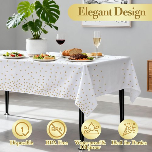 hapray 4 Pack Plastic Tablecloths for Rectangle Tables, Waterproof Disposable Party Table Cloths with Gold Dot, Rectangular Table Covers for Decorations, Baby Shower, Birthday, Wedding, New Year