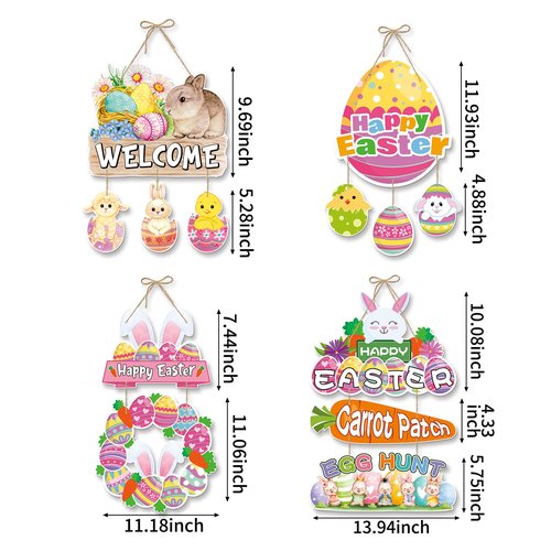 Easter Egg-Bunny Home Front-Door Hanger-Decor - 4pcs Pastel Rainbow Birthday Paper Signs Banners, Happy Easter Spring Wall Hanging Indoor Decorations Lasting Surprise