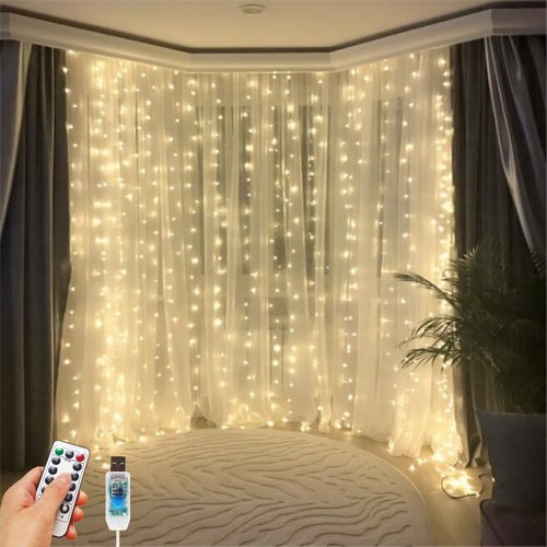 HOLITS 300 LED Fairy Curtain Lights, 9.8 x 9.8FT Warm White USB Plug in 8 Modes Hanging Lights with Remote for Christmas, Bedroom, Indoor, Outdoor, Weddings, Party (Warm White)