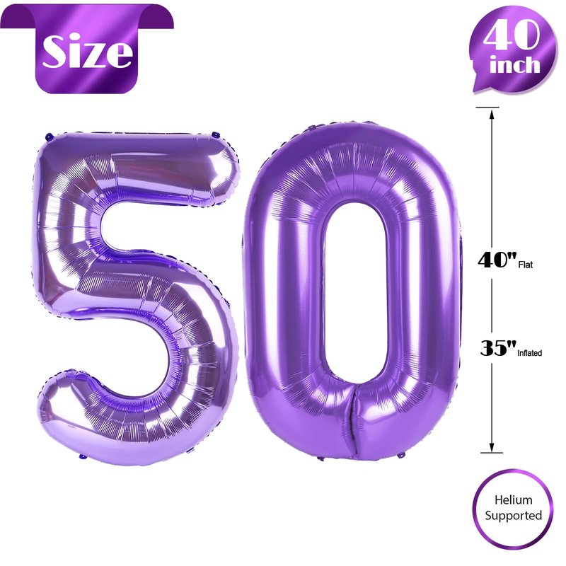 Purple Number 50 Balloon 40 inch, 50 Number Balloons, 50th Purple Birthday Decorations, 50 Year Old Girls Boys Party Supplies