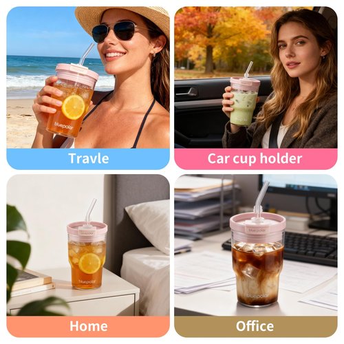 Iced Coffee Glasses with Lids and Straws,Car Cup Holder Friendly, Leakproof Portable Tumblers for Cold Brew, Juice & Smoothie, Ideal for Travel, Office & Gym, BPA-Free Reusable (pink,16, ounces)