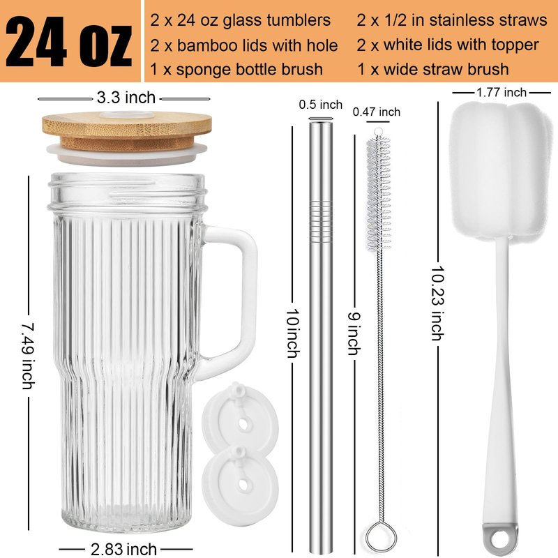 ALINK 24oz Ribbed Glass Cups with Bamboo Lids and Straws, 2-Pack Glass Tumbler with Handle, Reusable Iced Coffee Cups, Wide Mouth Mason Jar Boba Smoothie Cups, Drinking Glasses with 2 Brush