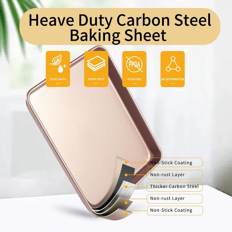 Barlket Small Cookie Sheet Pan 9x11 Inch, Nonstick Baking Tray 2-Pack, 0.8mm Thick Heavy Duty Carbon Steel, Gold – Oven Safe, Easy Clean, Bakeware Sets for Cookies, Roasting
