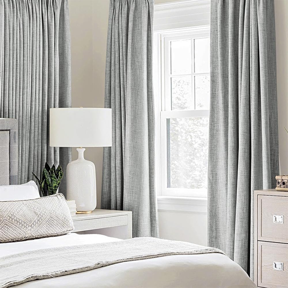 MIULEE 100% Blackout Linen Curtains - Thermal Insulated Glacier Gray Grommet Drapes | 52 x 84 Inch (2 Panels)