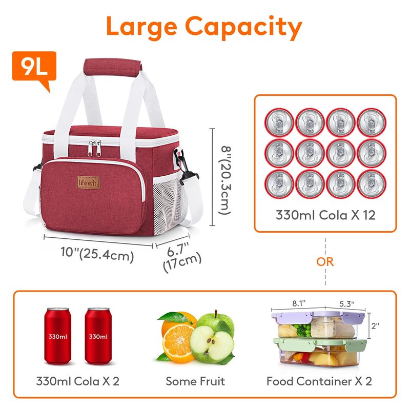 Lifewit Medium Lunch Bag, Insulated Lunch Box, Soft Cooler Cooling Tote for Adult Men Women, White and Red12-Can (9L)