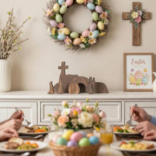 IoF Easter Decorations - Wooden Easter Decoration, He Risen Resurrection Scene Empty Tomb Chirstian Easter Decor for Home Office (Dark Wood Brown)