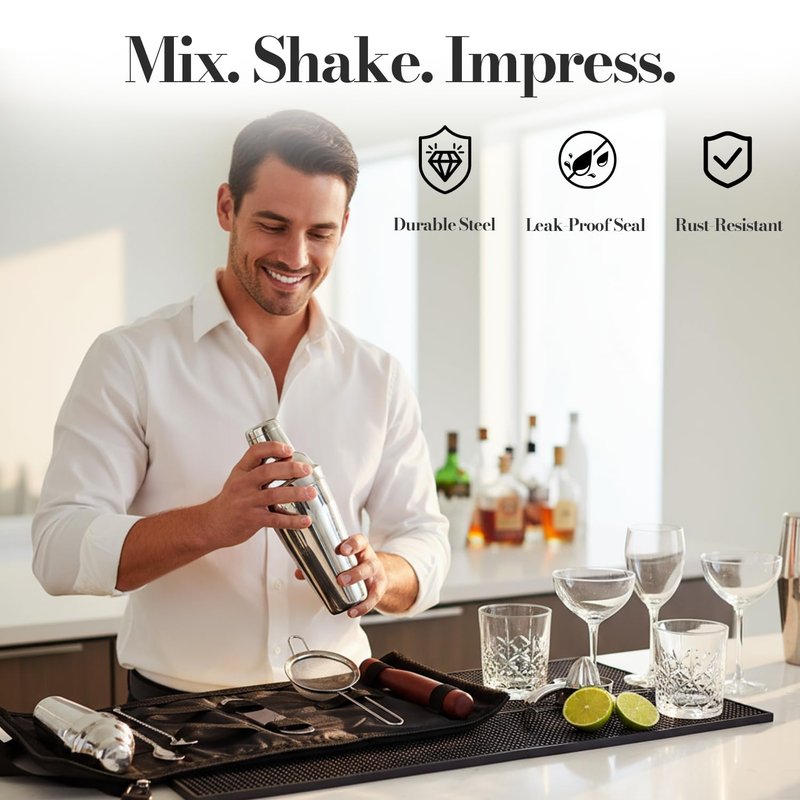 Pantrypoet Bartender Kit & Cocktail Shaker – 10-Piece Stainless Steel Drink Mixer Set with Jigger, Strainer, Muddler & Bar Spoon, Travel Bag Included – Essential Home Bar Accessories