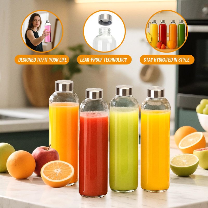 Luxfuel 32 oz Clear Glass Water Bottles with Lids, Reusable Glass Juice Bottles with Stainless Steel Cap for Juicing, Refrigerator, 100% Leak Proof, BPA Free, Gift Set of 3