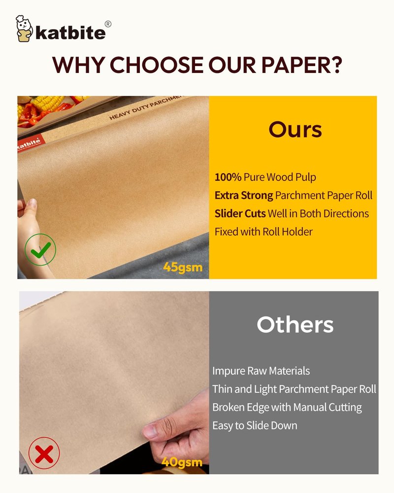 Unbleached Parchment Paper Roll for Baking 12in x 262ft, 260 Sq.Ft, Heavy Duty & Non-stick Baking Paper with Slide Cutter, Brown Parchment Paper for Cooking, Air Fryer, Steaming, Bread