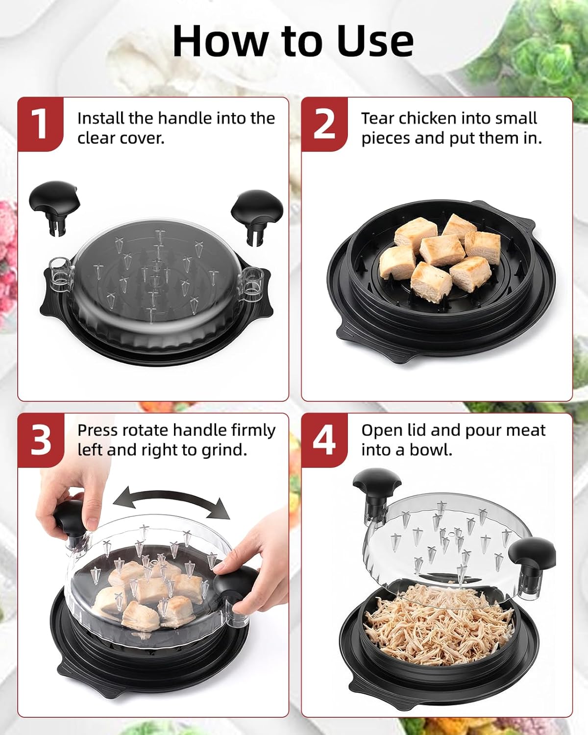Skiennix Chicken Shredder - Large BPA-Free Meat Shredder Tool with Tray & Brush | Anti-Slip Design, Black