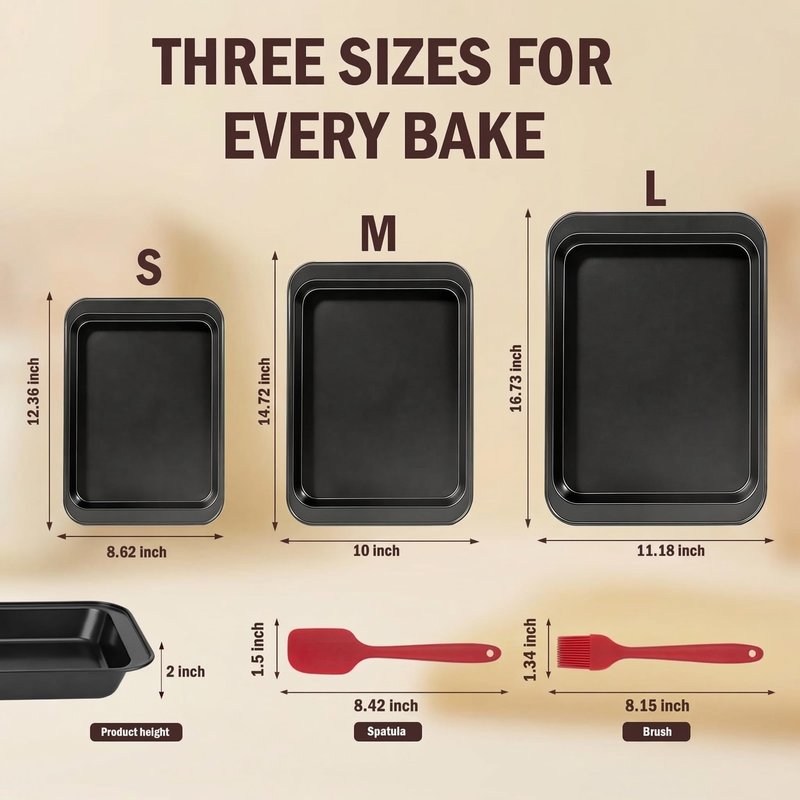 Baking Sheet Pan Set of 3, Nonstick Stackable Bakeware, Multi-Depth Rectangle Oven Pans, Rust & Warp Resistant Black, Easy Clean