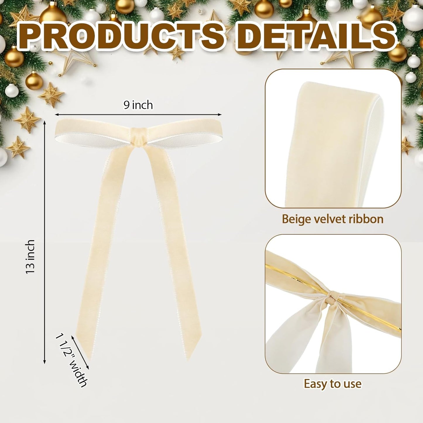 Regine Switzerland 24 Pcs Velvet Bows - Vintage Ribbon for Christmas Tree & Crafts | Beige, 9 x 13 Inch