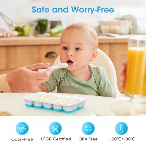DOQAUS Ice Cube Tray - Stackable Silicone Trays with Lid & Bin for Freezer | 4 Pack with Scoop