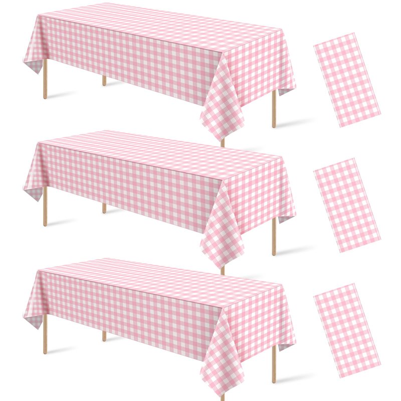 3 Pcs Pink and Whtie Gingham Tablecloth Decorations, Disposable Plastic Pink Checkered Tablecloth Buffalo Plaid Table Cover for Baby Shower Bridal Wedding Birthday Party Supplies,54 x 108 Inch