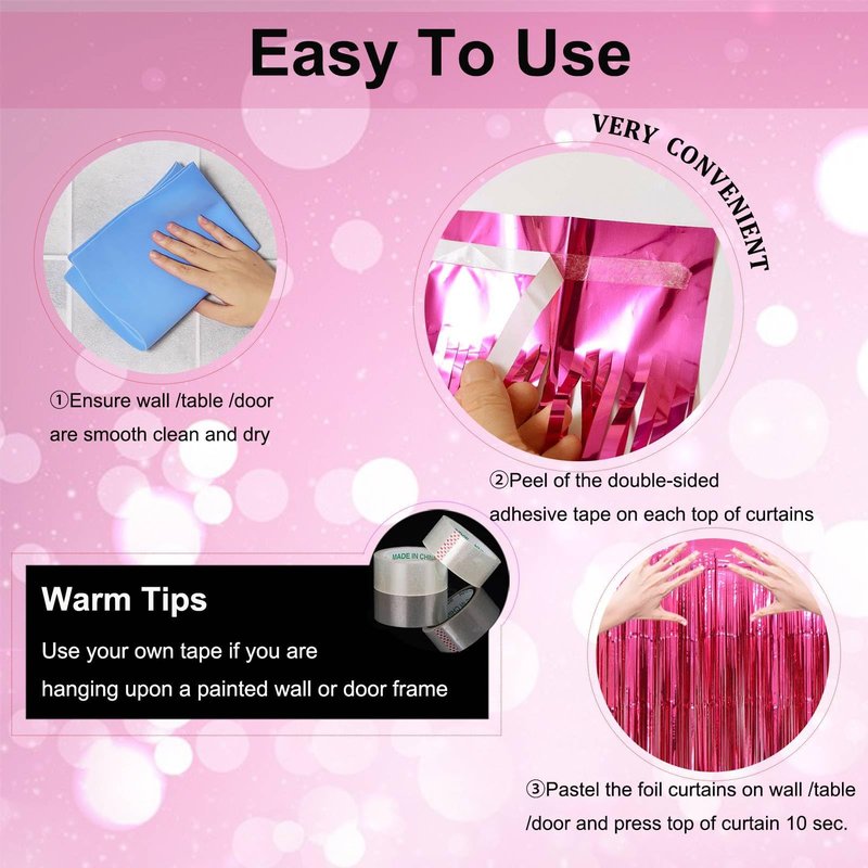 Valentines Day Party Decorations - 3 Pack of 3.2x8.2ft Hot Pink Foil Fringe Curtains Streamers Backdrop for Birthday Bachelorette Party Valentines Backdrop Decorations