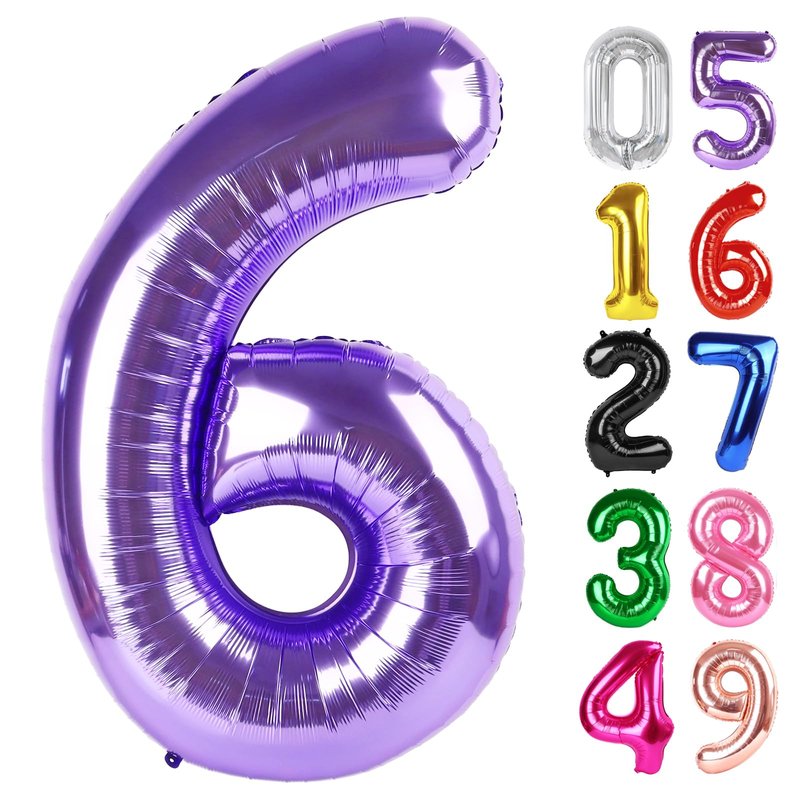 Purple Number 6 Balloon 40 Inch, 6th Birthday Party Decorations for Children, Giant 6 Foil Balloon for Party Supplies