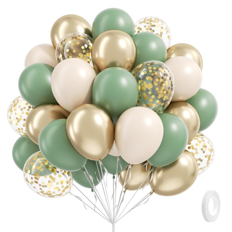 Sage green Balloons, 60pcs 12inch Sage green Sand White Metallic Gold Confetti Balloons for Boho Birthday Wedding Bridal Baby Shower Engagement Party Decorations