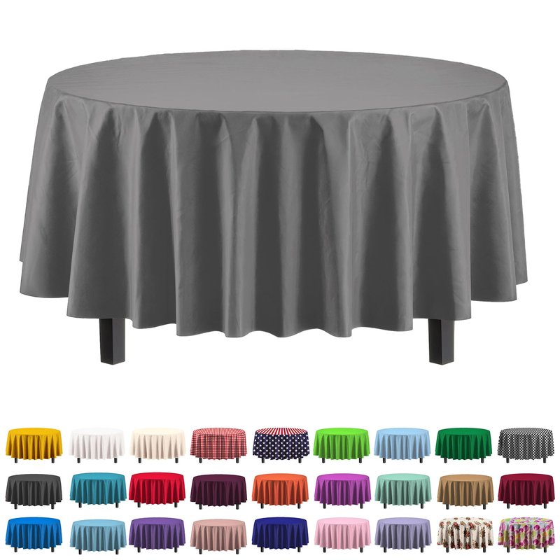 Party Solids Pack Of 6 Premium Plastic Tablecloth 84 Inch Round Plastic Table Cover - Silver