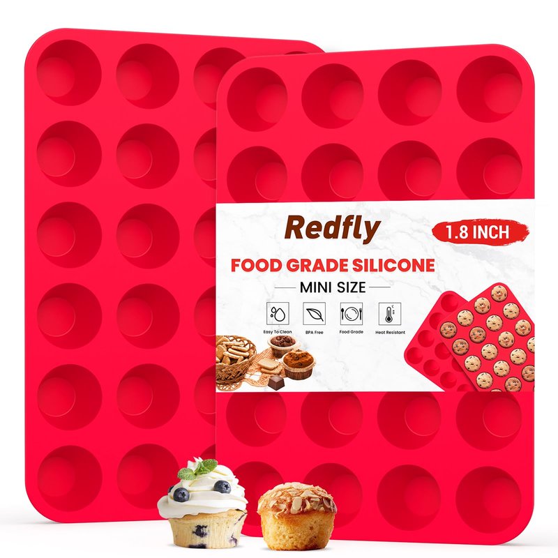 Redfly 2 Pack Silicone MIini Muffin Pan & Cupcake Pans for Baking - 24 Cup Mini Size BPA Free Egg Bites Molds