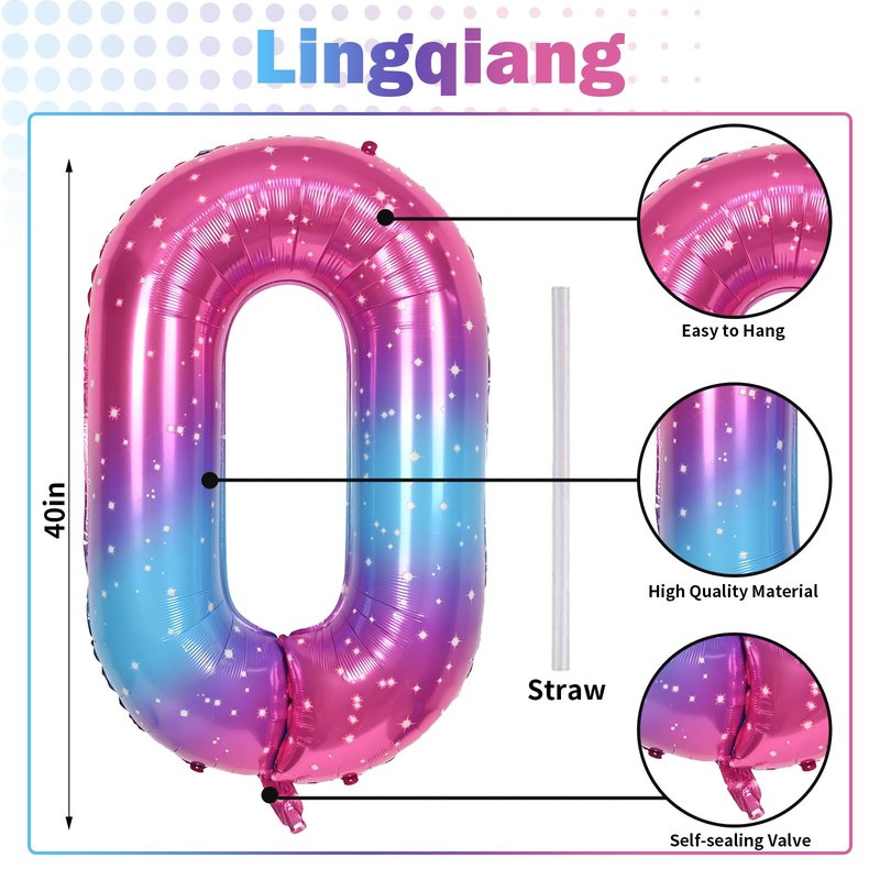 40 In Rianbow Large Numbers Balloons 0-9, Self Inflating Gradient Blue Pink Foil Number 0 Helium Balloons for Girls, Starry Digit 0 Balloons for Women Birthday Party Anniversary Supplies Decorations