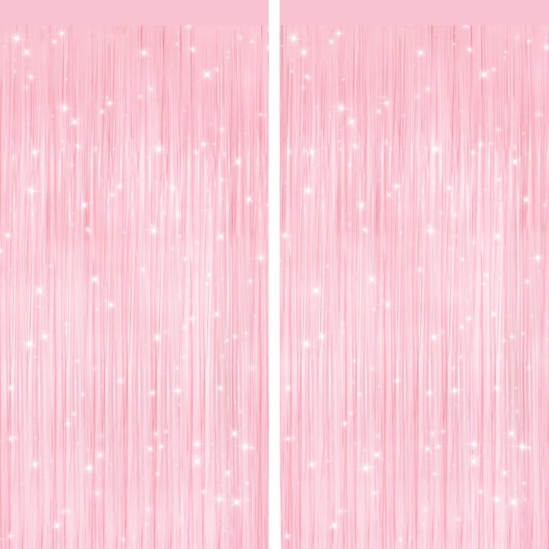 2 Pack Pastel Pink Metallic Tinsel Foil Fringe Curtains, Door Streamers Photo Booth Backdrop for Birthday Party, Tinsel Curtain Backdrop for Baby Shower Bachelorette Christmas Party Decorations