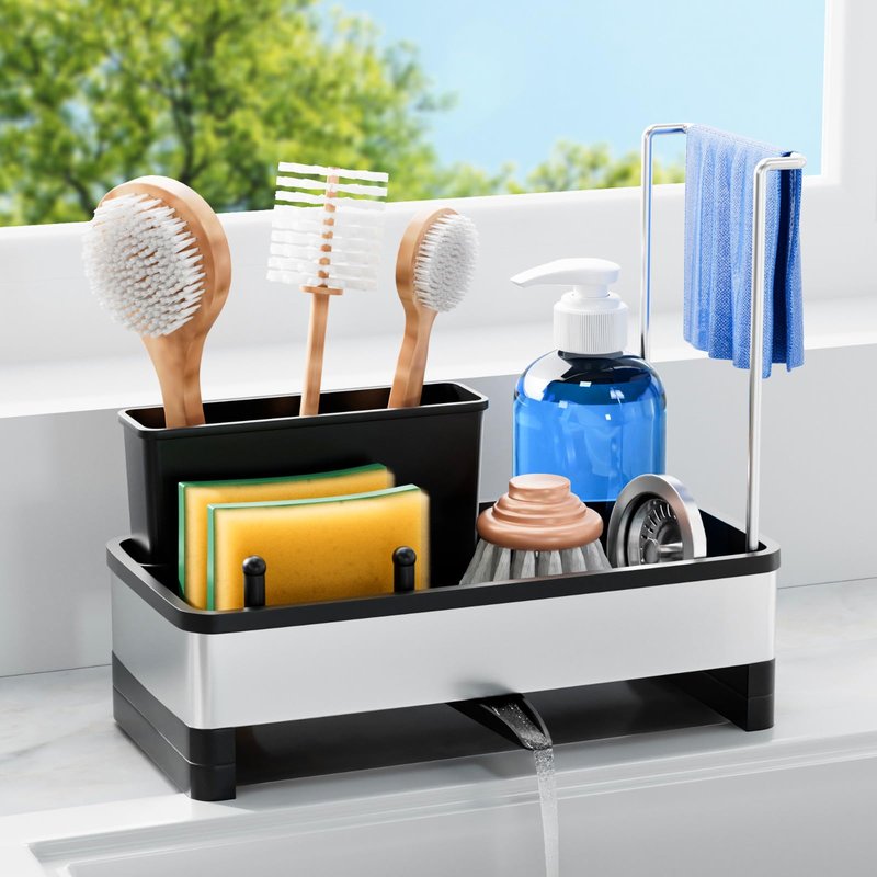 Laveshop Sponge Holder for Kitchen Sink, Rustproof Stainless Steel Sink Caddy with Auto-Drain, Removable Brush Holders, Soap and Dishcloth Organizer, Black