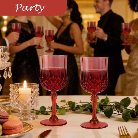 LEYIQU Plastic Wine Glasses, Plastic Goblets Vintage Style Cordial Unbreakable Drinking Glasses, Reusable Drinkware for Wedding Reception, Grand Event Party Supplies, Mother's Day (24, Burgundy)