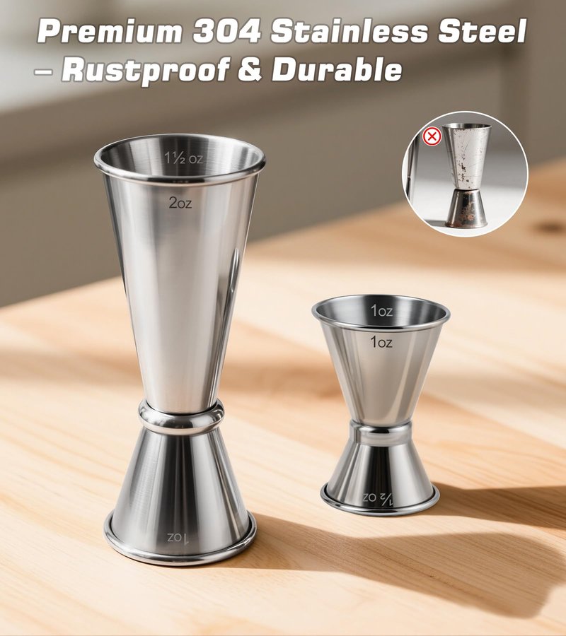 2-Pack Stainless Steel Cocktail Jiggers – Japanese Style Double Measuring Cups for Bartending (1oz/2oz + 0.5oz/1oz)