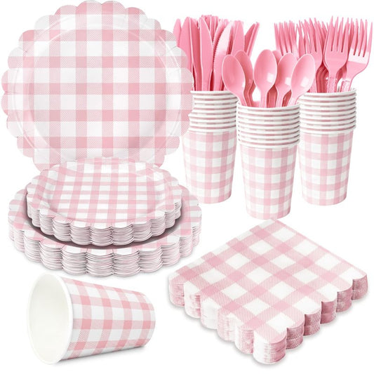 175 PCS Pink Gingham Party Supplies Includes Pink Gingham Paper Plates, Cups, Napkins, Cutlery for Baby & Bridal Shower, Wedding, Birthday Party, Outdoor Picnic, Serves 25