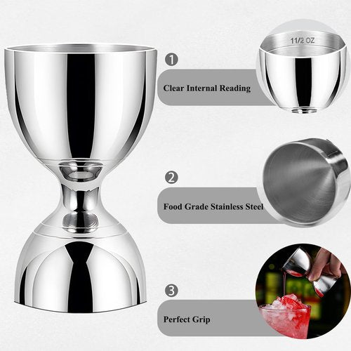 Jigger for Bartending, 2 oz 1 oz Bartender Jigger Stainless Steel, Double Cocktail Jiggers with Internal Measurements, Bar Tool for Bartending, Shot Drink Measurer for Cocktails(1Jigger - 2 Pourers）
