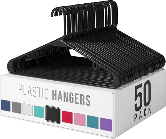 Plastic Hangers 50 Pack - Black Clothes Hangers for Space Saving in Closets & Apartments